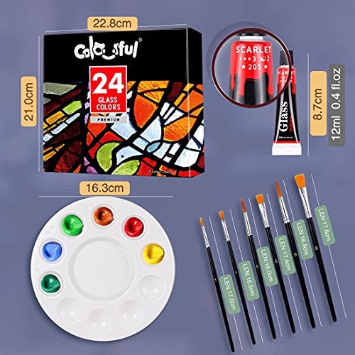Colorful Stain Glass Paint Set with 6 Brushes, 1 Palette, 24 Color Waterproof Acrylic Enamel Painting Kit for Kids to Arts on Transparent Wine Glasses, Light Bulbs, Porcelain, Windows and Ceramics