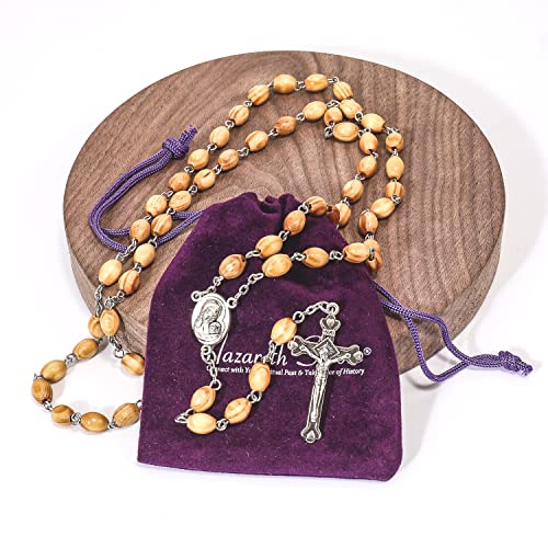 Nazareth Store Catholic Prayer Rosary Olive Wood Beads Necklace Holy Soil Medal with Cross Crucifix - in Velvet Bag