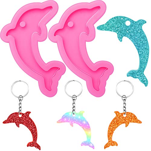 2 Pieces Dolphin Shape Silicone Keychain Mold for Epoxy Resin and 10 Pieces Key Rings with Chain for DIY Keychain Earring Pendant Ice Cream Fondant Candy Clay Baking Crafting Cake Topper Decoration