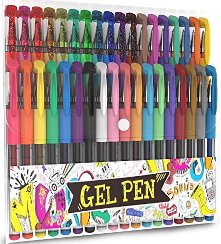 Nylea 36 Pack Glitter Gel Pens for Adult Coloring, Fine Tipped and Comfortable Grip Gel Markers Set for Writing, Drawing, Sketching, Highlighting, Kid- Doodling and Bullet Journaling