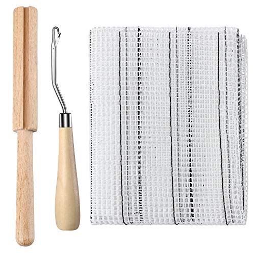 3 Pieces Latch Hook Tool Rug Mesh Fabric Canvas Wooden Bent Latch Hook Tool Yarn Cutter Tool Embroidery Crafts Supplies for DIY Latch Hook Rug Carpet Tapestry Making, 19 x 59 Inches