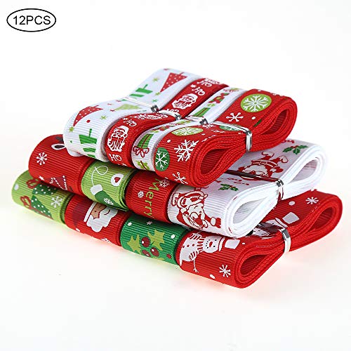 12 Pieces Christmas Ribbon 24 Yards Grosgrain Satin Fabric Xmas Ribbons for Crafts Decoration Holiday Box Gift Wrapping and Sewing(0.4"-1")