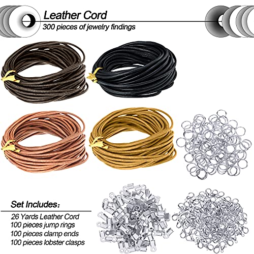 Leather Cord for Jewelry Making Kit, 24 Meters 2 mm Wide Leather Cord Leather Jewelry Rope and 250 Pieces Jewelry Findings Necklace Bracelets Craft Twine Accessories (Charming Colors)