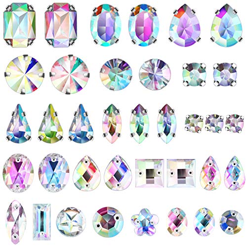 320 Pieces Sew on Rhinestone Sew Crystals Acrylic Gems Sewing Claw Rhinestone Flatback Gemstones with Hole Silver Prong in Mix Shape Mixed Size for DIY Crafts Clothes Shoes Bag Decoration (Crystal AB)