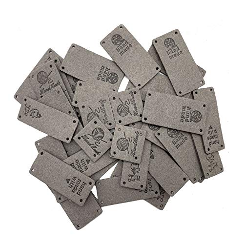 EvaGO 40 Pieces Folding Handmade Leather Labels Handmade Tags Button with Holes Embossed Tag Embellishment Knit DIY for Jewelry Making Crafts, Sewing Clothing Decoration and More(4 Styles, Grey)