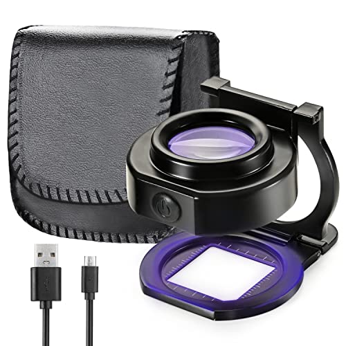 25X Loupe Magnifier with 6 Light, USB Rechargeable Three-Folding Desktop Portable Metal Eye Loupe Scale Sewing Magnifing Glass for Textile Optical Jewelry Tool Coins Currency