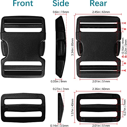 Strap Buckle 2 inch: Nylon Webbing Straps 6 Yard + Quick Side Release Plastic Snap Buckles 5 set + Tri-glide Slide Clip 10 pcs, Heavy Duty Replacement Dual Adjustable No Sewing Required, Black
