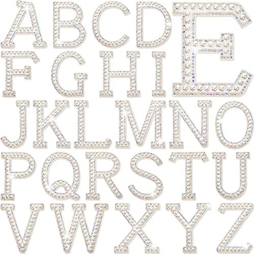 26 Piece Pearl Iron on Letter A-z White Rhinestone Pearl Bling Letter Patch Glitter Sew on Alphabet Applique Rhinestone Pearl English Letter for DIY Craft Supplies(White,3 Inch High)