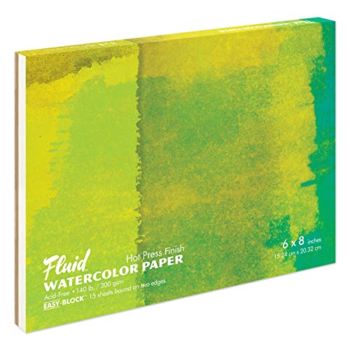Fluid Artist Watercolor Block, 140 lb (300 GSM) Hot Press Paper Pad for Watercolor Painting and Wet Media with Easy Block Binding, 6 x 8 inches, 15 White Sheets
