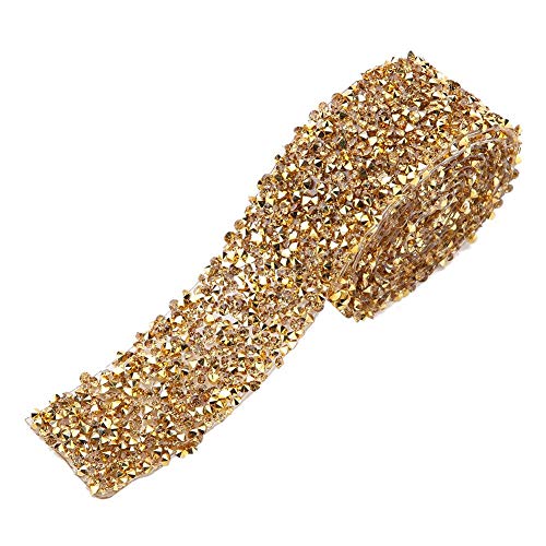 Crystal Rhinestone Ribbon, 30mm Mesh Wrap Roll for Prom Dresses Belt Applique Hair Clip Collar Wedding Party Decoration 1Yard(Crystal Gold Bottom)