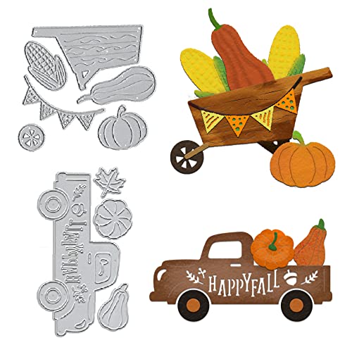 ALIBBON 2Pcs Fall Truck Die Cuts for Card Making and Scrapbooking, Fall Cart Cutting Dies Metal Template Molds, Leaves Corn Pumpkin Die Cuts for DIY Photo Album Paper Embossing Card Making Decoration