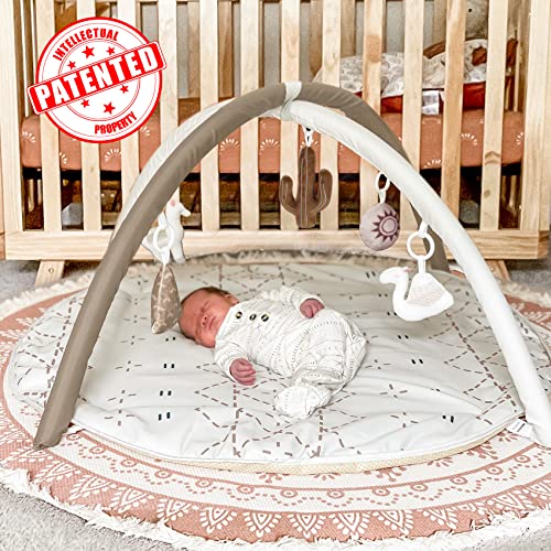Baby Play Mat, Macrame Activity Gym Stage-Based Sensory and Motor Skill Development Language Discovery Baby Play Gym and Playmats for Newborn with 6 Featured Toys Thicker and Non Slip Mat Khaki