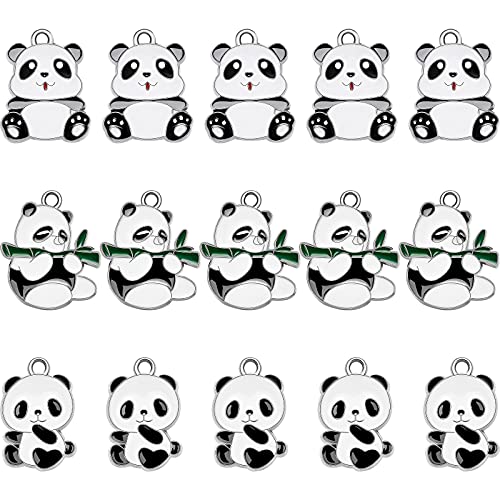 Hicarer 15 Pieces Panda Charm Metal Animal Pendant Panda Decorative Charm 30 x 20 mm Alloy Enamel Black and White Panda Charm for Jewelry Making, 3 Styles
