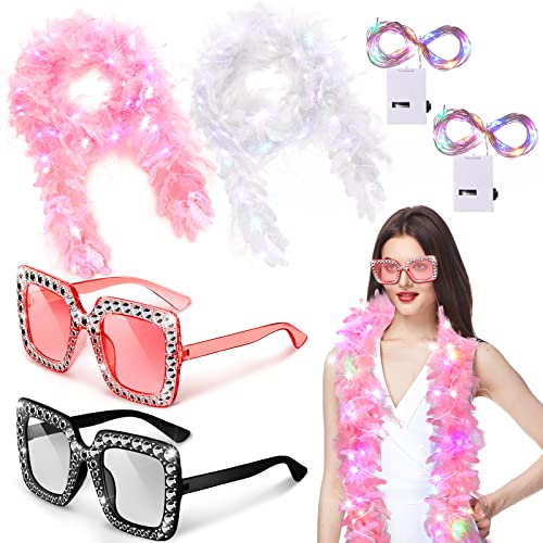 2 Pack LED Feather Boa Includes 2 Pcs Feather Boa 2 Pieces 20 LED String Lights and 2 Square Rhinestone Sunglasses for Halloween Party Wedding Dancing Costume Decoration(Vivid Color)