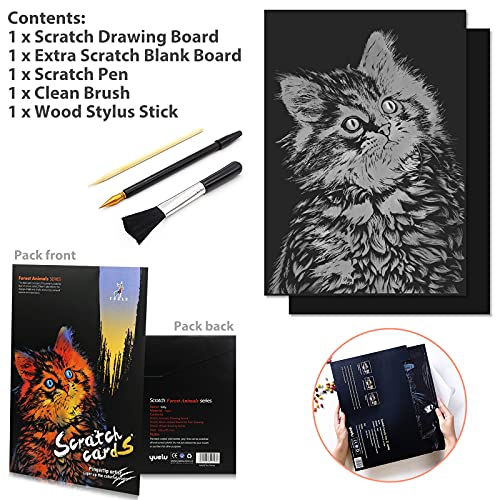 MIASTAR Scratch Art Animal Rainbow Painting Paper, Creative foil Scratch Art Toys Gift, Engraving Art & Craft Set, DIY Sketch Card Scratchboard for Kids & Adults - 16'' x 11.2'' with 3 Tools (Cat)