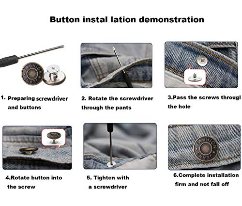 GIYOMI 17mm No Sewing Jeans Buttons Replacement Kit with Metal Base,12 Sets Nailess Removable Metal Buttons Replacement Repair Combo Thread Rivets and Screwdrivers (0.67 inch)