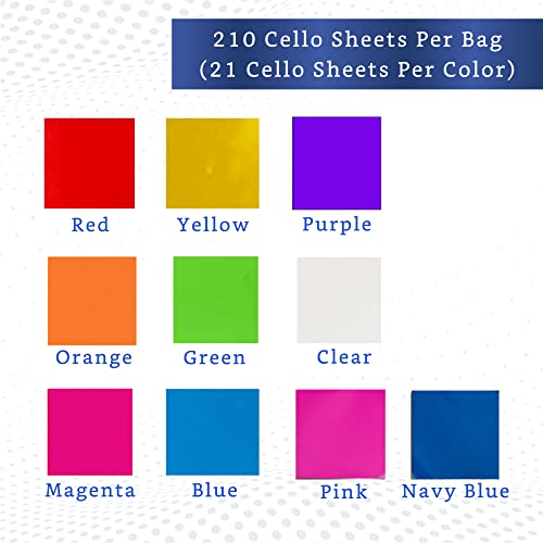 210 pcs Cello Sheets 8 x 8 in (10 Colors Assorted Value Pack) - Colored Cellophane Sheets - Colored Cellophane Wrap - Colored Transparency Sheets - Colored Saran Wrap - Cellophane Paper Wrapping