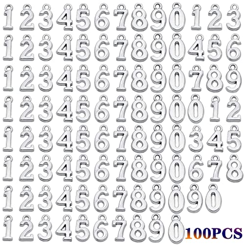 100pcs Antique Silver Arabic Numerals 0-9 Charms Digital Figures Number Pendant Charms Craft Supplies for DIY Necklace Bracelet Jewelry Making Accessories, Hole: 2.4 mm