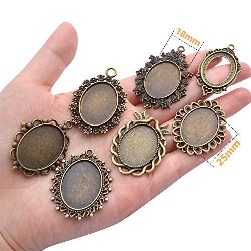 18 Pieces Bezel Pendant Trays, 25 x 18mm Oval Pendant Trays Bezels Cabochon Settings Trays Pendant Blanks for Crafting DIY Jewelry Making - 9 Styles, Antique Bronze