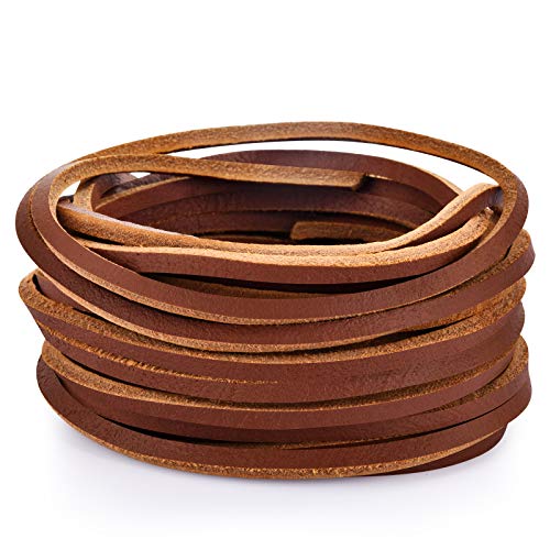 TeeLiy 3MM Flat Genuine Leather Cord - Natural Leather Lacing - Strip Cord Braiding String for Jewelry Making Shoe Lace Braided Bracelets Necklaces Handbags Knife Sheaths Brown (5Yards)