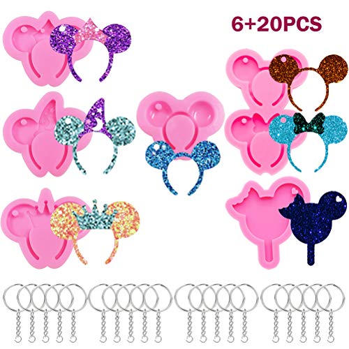 Mickey Mouse Head Keychain Silicone Molds,6 PCS Silicone Key Chain Molds with Hole+20 PCS Key Rings for DIY Keychain Necklace Pendant,Clay Crafts,Cupcake Cake Topper Desserts Decoration