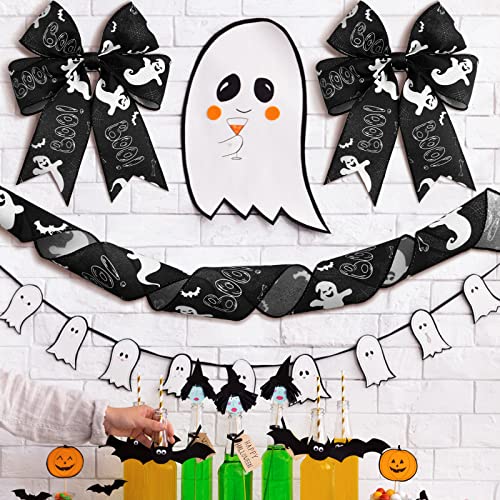 Canlierr 2 Rolls 12 Yards Halloween Wired Ribbons Spiderweb/ Ghost Printed Decorative Wrapping Polyester Craft for Home Party Decor Wreath DIY, 2.5 Inches (Ghost Style), White