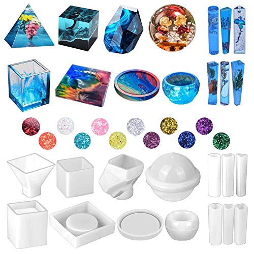Silicone Resin Molds Kit 26PCS, Epoxy Resin Molds, Large Resin Casting Molds with 12 Glitter Sequins for UV Resin Casting, Including Sphere, Cube, Pyramid, Square, Coaster, Stone & Pendants
