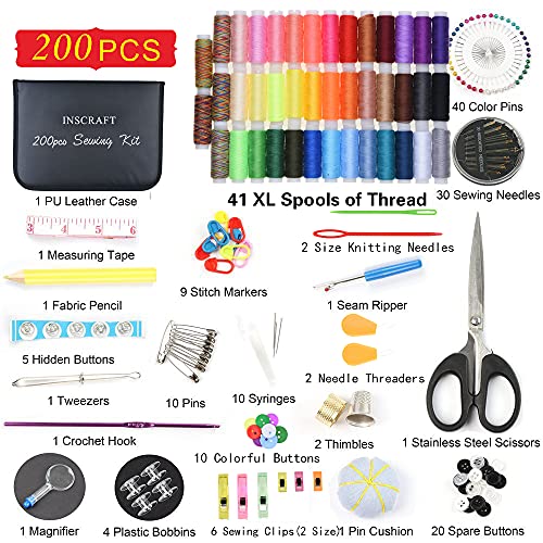 Sewing Kit, 200 Premium Sewing Supplies, 41 XL Thread Spools, Suitable for Traveller, Adults, Kids, Beginner, Emergency, DIY and Home by Inscraft