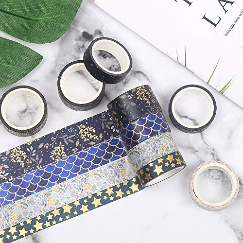 CCINEE Black Gold Foil Washi Tape,Floral Decorative Masking Tapes for Bullet Journal Scrapbook Planner Art Craft,10 Rolls