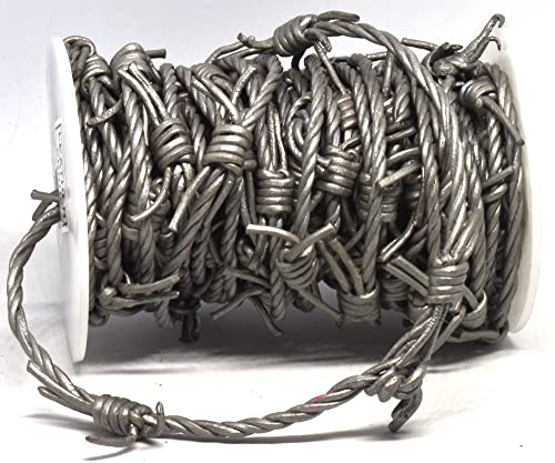 Dark Metallic Silver Fake Barbed Wire, 3 Strands 1.8 mm Real Leather Cord Braid, 10 Meter (32.8 ft) Spool by Greek Crafts
