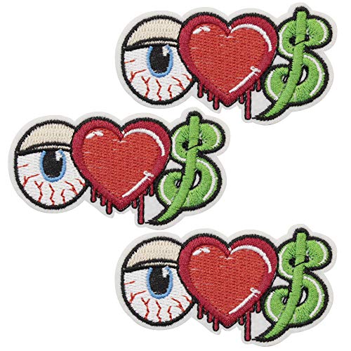 U-Sky Iron on Patches, 3pcs Iron-on Patch Eye Ball Money Heart for Jeans Clothing, Size: 2.6x1.3inch