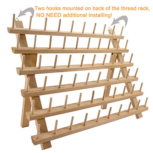 New Brothread 4X60 Spools Wooden Thread Rack/Thread Holder Organizer with Hanging Hooks for Embroidery Quilting and Sewing Threads