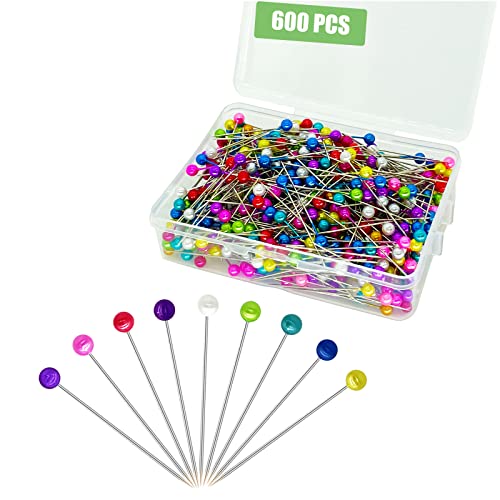 600PCS Sewing Pins Straight Pin for Fabric, Pearlized Ball Head Quilting Pins Long 1.5inch, Multicolor Corsage Stick Pins for Dressmaker, Jewelry DIY Decoration, Craft and Sewing Project