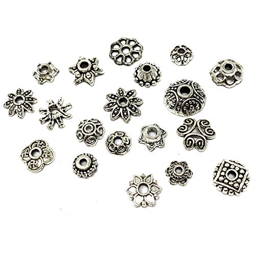 JIALEEY Wholesale Bulk Lots 150Pcs 30 Style Tibetan Silver Bead Caps Mixed for DIY Jewelry Making, Bali Style 5-10mm