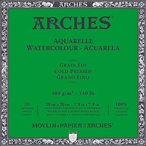 Arches Bloc Enc 4L 20x20 20H Aquarelle 100% Fine 300g Blanc NAT, Blanco Natural