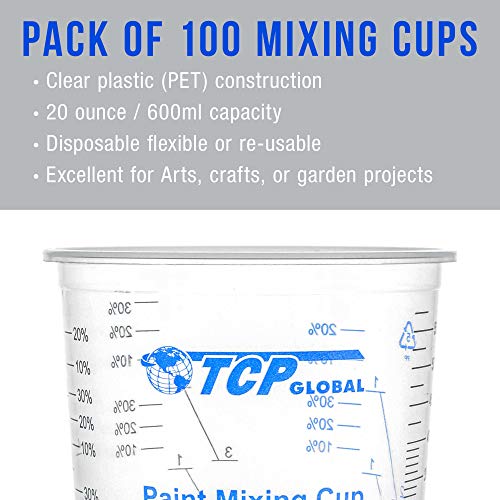 TCP Global 20 Ounce (600ml) Disposable Flexible Clear Graduated Plastic Mixing Cups - Box of 100 Cups & 50 Mixing Sticks - Use for Paint, Resin, Epoxy, Art, Kitchen - Measuring Ratios 2-1, 3-1, 4-1 ML