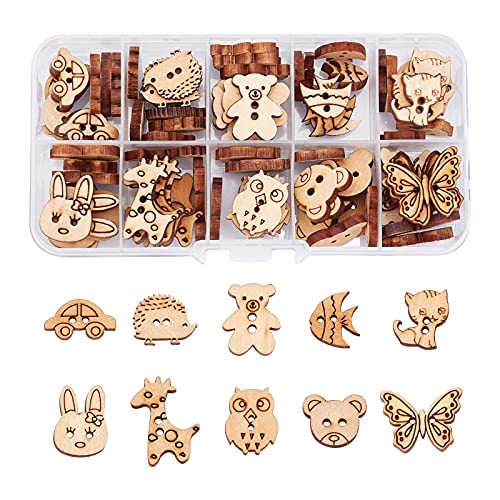 arricraft 100 Pcs Animal Style Wooden Sewing Buttons, 2-Hole Rabbit Butterfly Bear Sewing Buttons, Unfinished Wood Decorative Buttons for Sewing Crafts Christmas Decorations- Peru