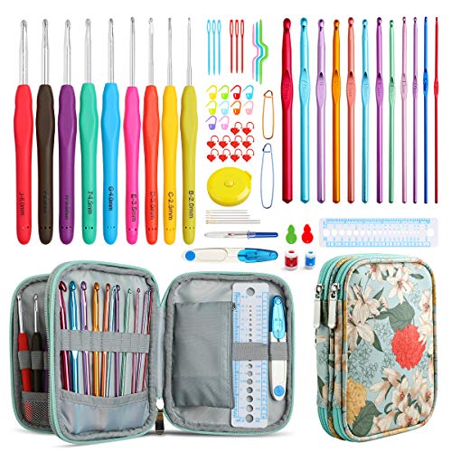 KOKNIT Crochet Hooks Set with Case,9 Ergonomic Crochet Hooks with Soft Grip,12 Aluminum Crochet Hook Set,Full Crochet Kit for Beginners Adults with Crochet Tools and Accessories