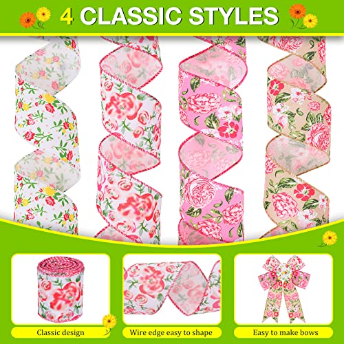 Floral Ribbon 4 Rolls Wired Edge Ribbon Spring Summer Craft Wired Ribbon Flower Pattern Ribbons Decorative Fabric Ribbons for Wreaths Christmas Tree and Gift Wrap 20 Yard x 2.5 Inch (Delicate Style)