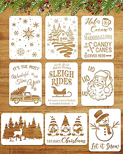 9Pcs Reusable Christmas Stencils, 8 X 11 Inch Farmhouse Large Merry Christmas Stencils for Painting on Wood Winter Decor