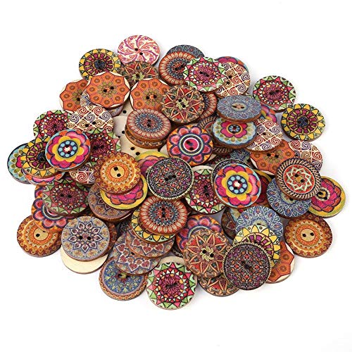 100pcs Wood Buttons with Vintage Style Flower Painting Round 2 Holes Wooden Craft Buttons for DIY Sewing Craft Decoration (25mm)
