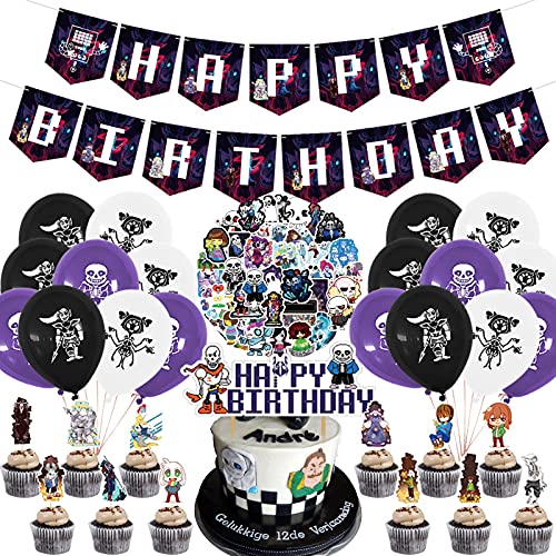 Undertale Party Decorations,Birthday Party Supplies For Undertale themed Game Includes Banner - Cake Topper - 12 Cupcake Toppers - 18 Balloons - 50 Undertale Stickers