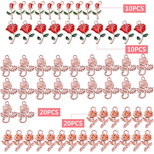 Aylifu 60pcs Enamel Rose Flower Charms Alloy Flower Beads Pendants Romantic Charms for DIY Necklace Bracelet Earrings Crafts Jewelry Making Valentine's Day Birthday