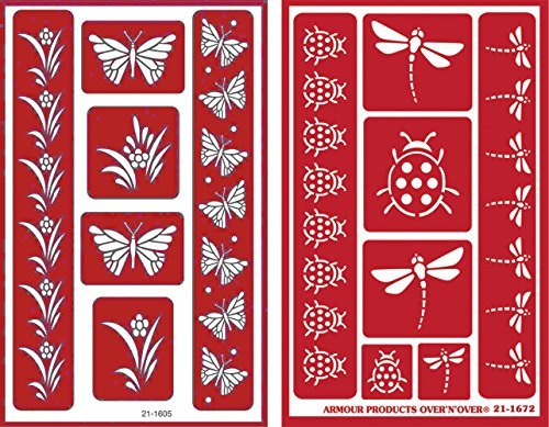 Over 'n' Over Reusable Self-Stick Etching Stencil for Glass (or Stamping) - Bundle of Two Sets - Butterflies & Garden Friends