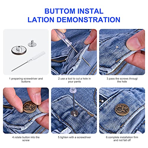 12 Sets Adjustable Buttons for Jeans, 20mm No Sew Instant Metal Buttons, Removable Jean Buttons Replacement Repair Kit with Threads Rivets and Screwdriver
