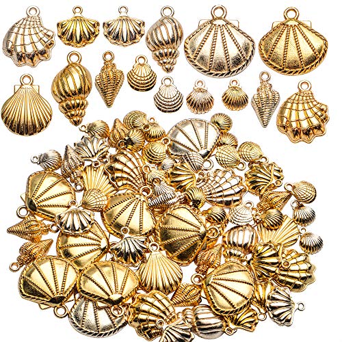 Seashell Charms,100 Gram Gold Shell Charms Ocean Theme Pendants Conch Scallops Mussel Marine Life Sea Animals Dangle Charms for Jewelry Making Necklace Bracelet Crafting
