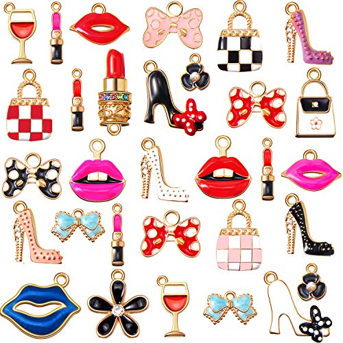 50 Pieces Women's Makeup Lip Lipstick Charms Gold Plated Enamel High Heels Wallet Flower Bow Charm Pendant for DIY Jewelry Necklace Bracelet Earrings Making
