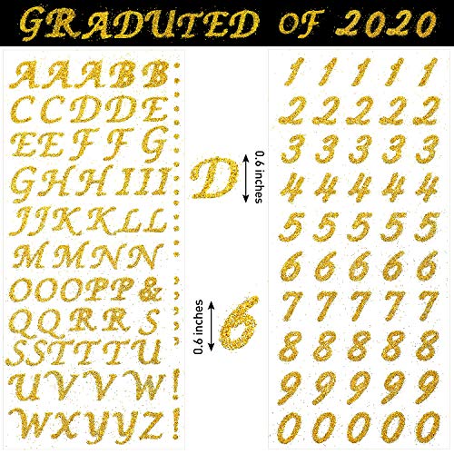 5 Sheets Graduation Cap Stickers Decoration Glitter Alphabet Letter Stickers Self-Adhesive Rhinestone Letter Number Stickers for Grad Cap Craft Decorations (Gold)