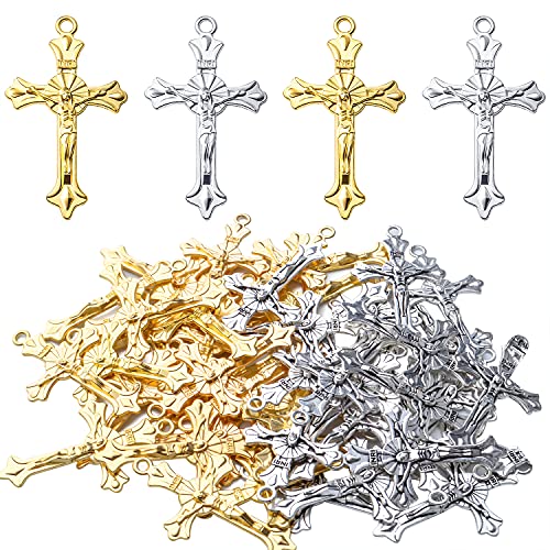 BronaGrand 50pcs Alloy Cross Charms Pendants Jewelry Rosary Cross Charms for DIY Bracelet Necklace Jewelry Making Findings, Gold and Antique Silver,37×22mm