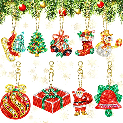 9 Pieces Christmas Diamond Key Chain Kits Double Sided Christmas Diamond Art Ornaments 5D Diamond DIY Painting Key Ring Pendant Christmas Tree for DIY Christmas Holiday Decor